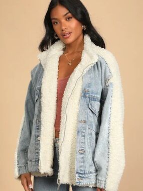 Blank NYC  Bear Hug Light Wash Denim Jacket with White Sherpa Trim